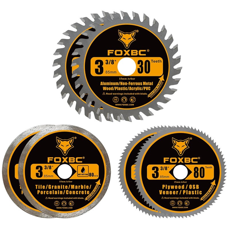 FOXBC 3-3/8 Inch Compact Circular Saw Blade Set, 15mm Arbor, Multi-Material Cut for Wood, Plastic, Metal, Tile Cutting - 6 Pack - Image 1